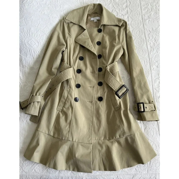 New York & Co Khaki Beige Double Breasted Belted Lined Peplum Trench Coat Size L - Picture 11 of 16